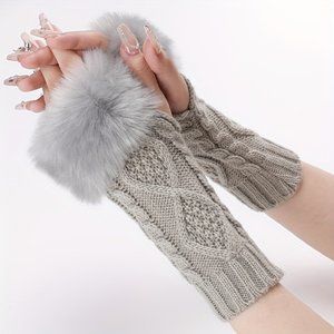 Light Gray Long Rhombic Knit Splicing Plush Gloves Thick Soft Warm /Thumb Hole